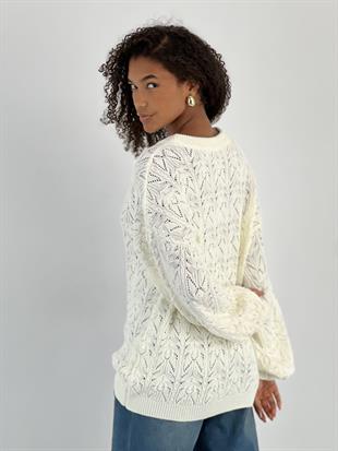 Kadın Balon Kollu Desenli Ekru Triko Kazak