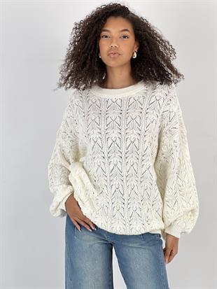 Kadın Balon Kollu Desenli Ekru Triko Kazak