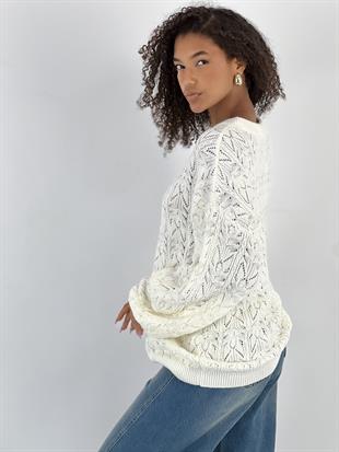 Kadın Balon Kollu Desenli Ekru Triko Kazak