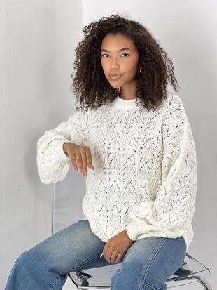 Kadın Balon Kollu Desenli Ekru Triko Kazak