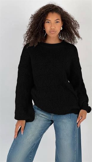 Kadın Balon Kollu Desenli Siyah Triko Kazak