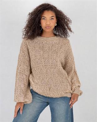 Kadın Balon Kollu Desenli Vizon Triko Kazak