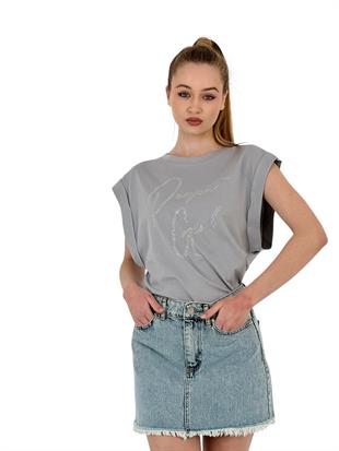 Kadın Baskılı Geniş Kollu Yazlık Bol Gri Tişört