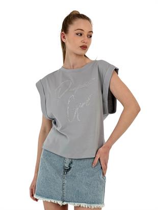 Kadın Baskılı Geniş Kollu Yazlık Bol Gri Tişört