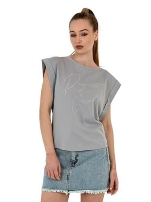 Kadın Baskılı Geniş Kollu Yazlık Bol Gri Tişört