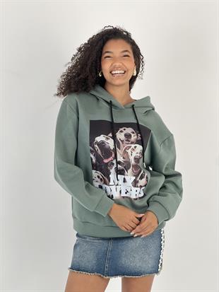 Kadın Baskılı Haki Kapüşonlu Sweatshirt