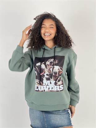 Kadın Baskılı Haki Kapüşonlu Sweatshirt