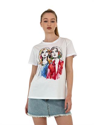 Kadın Baskılı Kısa Kollu Yazlık Bol Beyaz Tişört