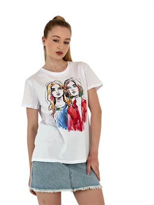 Kadın Baskılı Kısa Kollu Yazlık Bol Beyaz Tişört