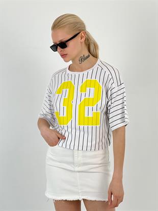 Kadın Baskılı Siyah Çizgili Beyaz Tişört