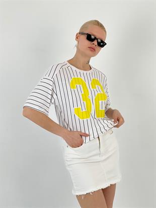 Kadın Baskılı Siyah Çizgili Beyaz Tişört