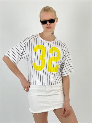 Kadın Baskılı Siyah Çizgili Beyaz Tişört
