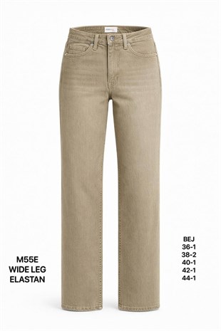 Kadın Bej Elastanlı Geniş Paça Jean Pantolon-M55E
