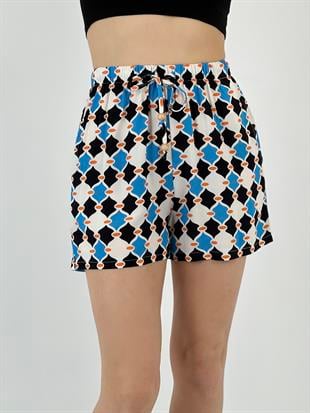 Kadın Beli Bağlamalı Desenli Mavi Şort