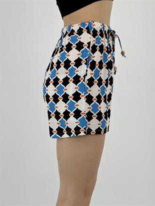 Kadın Beli Bağlamalı Desenli Mavi Şort