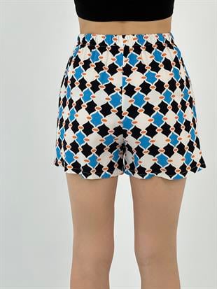 Kadın Beli Bağlamalı Desenli Mavi Şort
