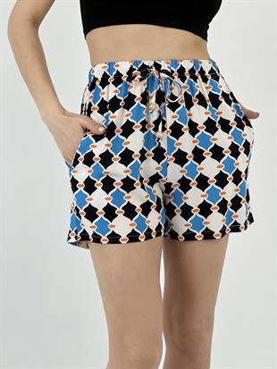 Kadın Beli Bağlamalı Desenli Mavi Şort