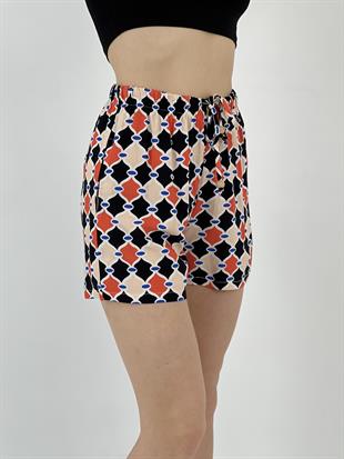 Kadın Beli Bağlamalı Desenli Mercan Şort