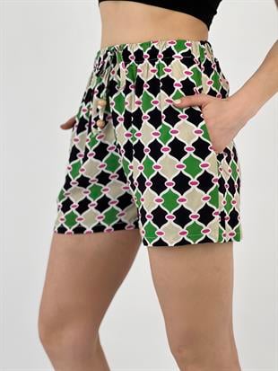 Kadın Beli Bağlamalı Desenli Yeşil Şort