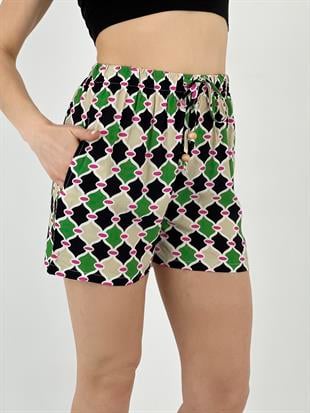 Kadın Beli Bağlamalı Desenli Yeşil Şort