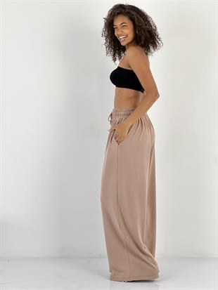 Kadın Beli Bağlamalı Lastikli Salaş Kahverengi Pantolon