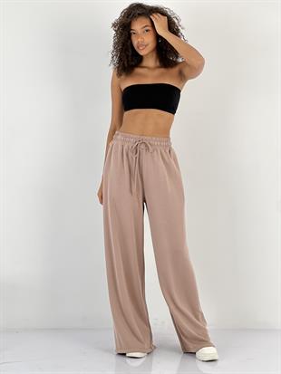 Kadın Beli Bağlamalı Lastikli Salaş Kahverengi Pantolon