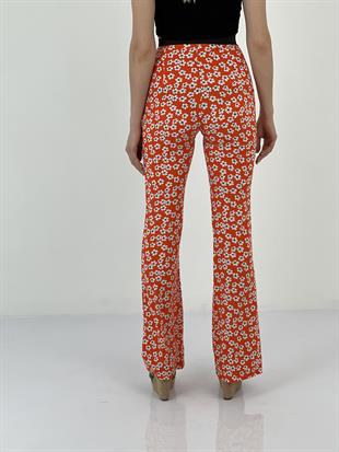 Kadın Beli Lastikli Çiçek Desenli Kırmızı Pantolon