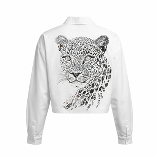 Kadın Beyaz Arkası Leopar Baskılı Crop Gömlek