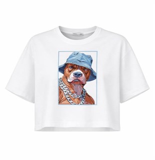 Kadın Beyaz Pitbull Baskılı Pamuklu Crop Tişört-15510-6
