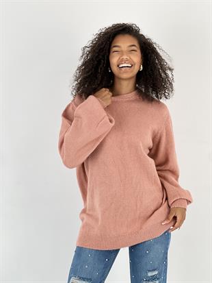 Kadın Bisiklet Yaka Balon Kol Gül Kurusu Triko Kazak