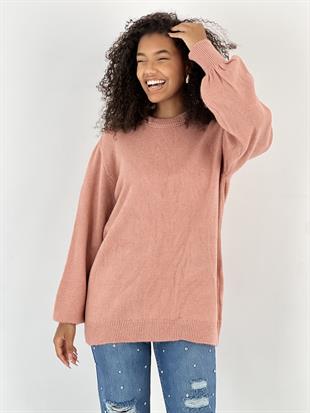 Kadın Bisiklet Yaka Balon Kol Gül Kurusu Triko Kazak