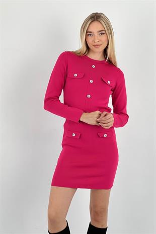 Kadın Bisiklet Yaka Düğme Detaylı Kısa Basic Triko Elbise