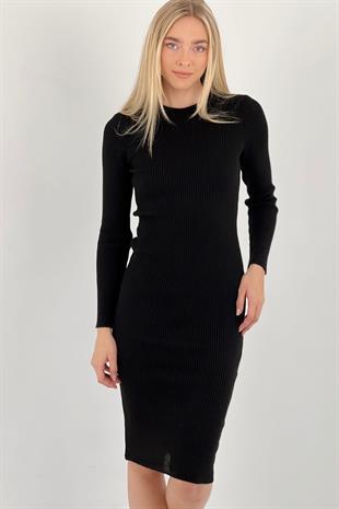 Kadın Bisiklet Yaka Fitilli Basic Uzun Kollu Siyah Triko Elbise