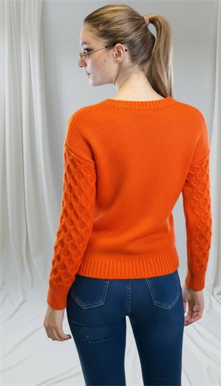 Kadın Bisiklet Yaka Kalın Örgülü Kışlık Oranj Triko Kazak