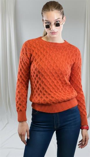 Kadın Bisiklet Yaka Kalın Örgülü Kışlık Oranj Triko Kazak