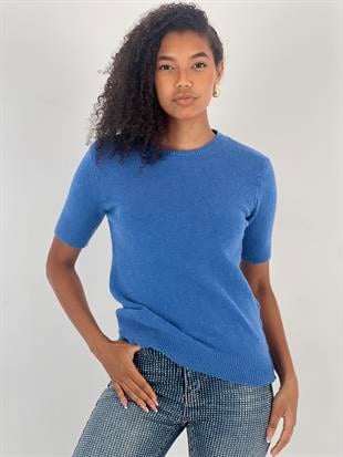 Kadın Bisiklet Yaka Kısa Kollu Mavi Triko