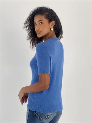 Kadın Bisiklet Yaka Kısa Kollu Mavi Triko