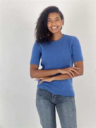 Kadın Bisiklet Yaka Kısa Kollu Mavi Triko