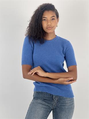 Kadın Bisiklet Yaka Kısa Kollu Mavi Triko