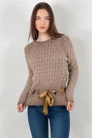 Kadın Bisiklet Yaka Kışlık Beli Bağlamalı Vizon Triko Kazak