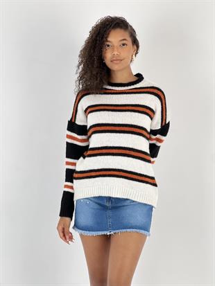 Kadın Bisiklet Yaka Oranj Çizgili Kazak