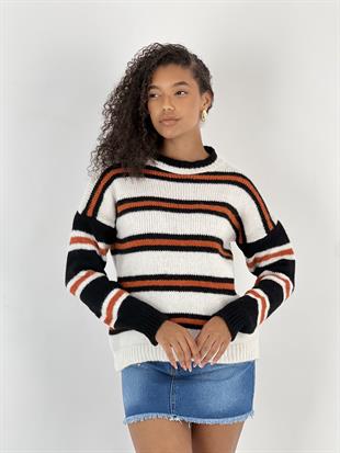 Kadın Bisiklet Yaka Oranj Çizgili Kazak