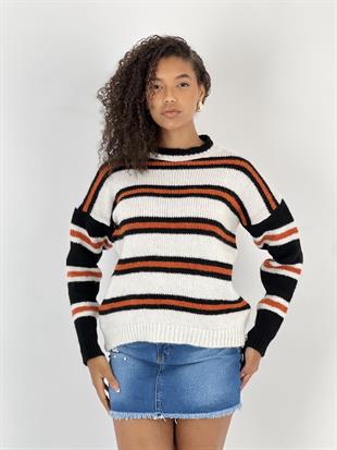 Kadın Bisiklet Yaka Oranj Çizgili Kazak