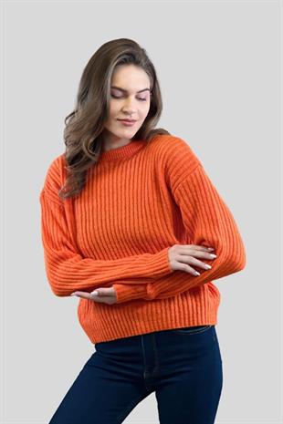 Kadın Bisiklet Yaka Oversize Kışlık Turuncu Triko Kazak