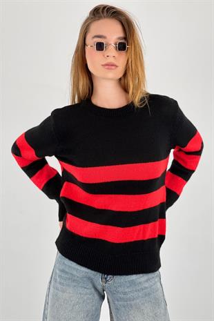 Kadın Bisiklet Yaka Siyah Çizgili Triko Kazak 