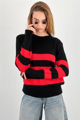 Kadın Bisiklet Yaka Siyah Çizgili Triko Kazak 