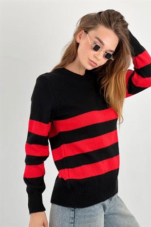 Kadın Bisiklet Yaka Siyah Çizgili Triko Kazak 