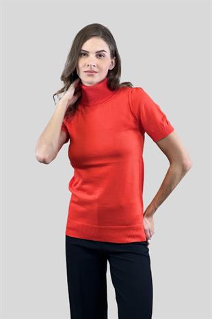 Kadın Boğazlı Balıkçı Yaka Kısa Kollu Oranj Triko Kazak