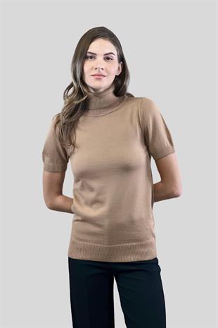 Kadın Boğazlı Balıkçı Yaka Kısa Kollu Oranj Triko Kazak