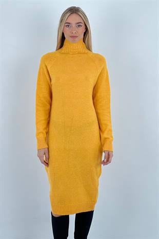 Kadın Boğazlı Balıkçı Yaka Kışlık Basic Uzun Sarı Triko Elbise